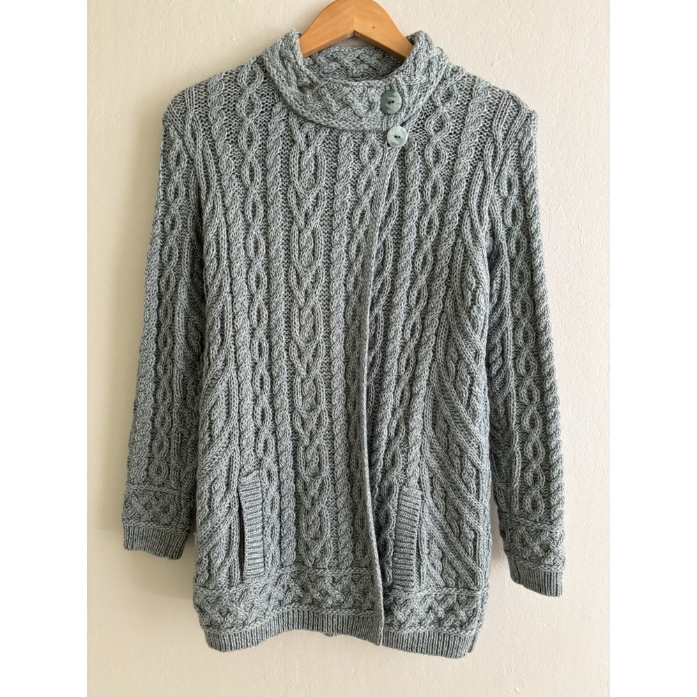 Aran Crafts Sweater Cardigan Coat Sz S Blue Merino Wool Cable Knit Boho‎ Chunky